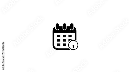 Animated date calender with clock icon concept with clock icon, Black Calendar and Clock Icon Animation on Clean White Background for Time Management Scheduling, with 4k video animation.