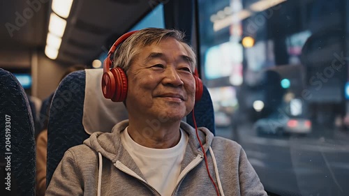 Man listening music in bus.