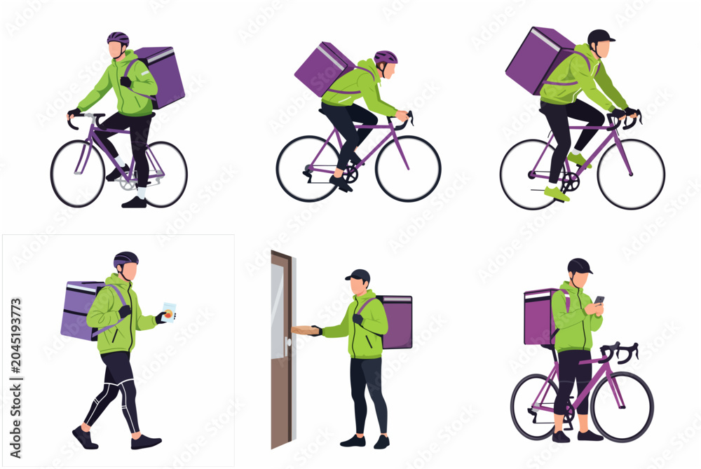 Obraz premium Food Delivery Courier Set on Bicycle, Flat Vector Illustration of Delivery Service Professional with Thermal Backpack