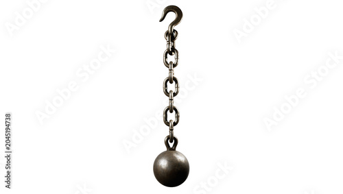 Bild auf Leinwand Isolated weathered metal ball and chain with hook, a concept of burden or restri