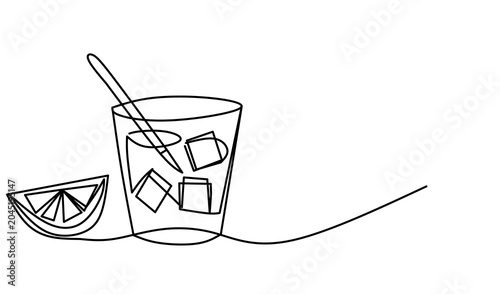Fotografie Refreshing Drink with Ice and Lemon Slice Continuous Line Art.