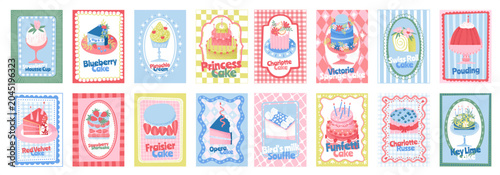 Cake and dessert in a frame. Pastry. Vector illustration of sweet bakery, birthday cake, mousse, pudding, ice cream, сonfectionery and berries for a greeting card, kitchen wall poster