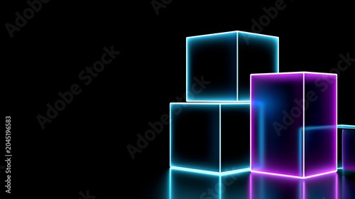 Glowing neon cubes in blue and purple, creating an abstract background and futuristic design with geometric shapes and digital light on a reflecting surface