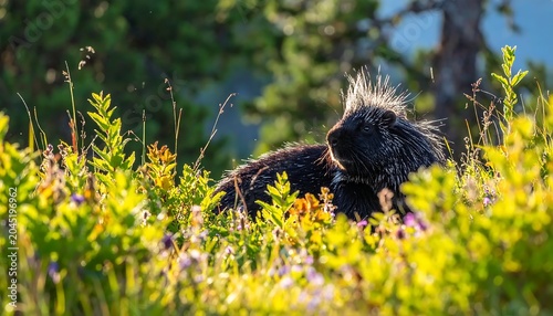 Wild Porcupine Resting Among Sunlit Meadow Flowers in Forest Clearing
