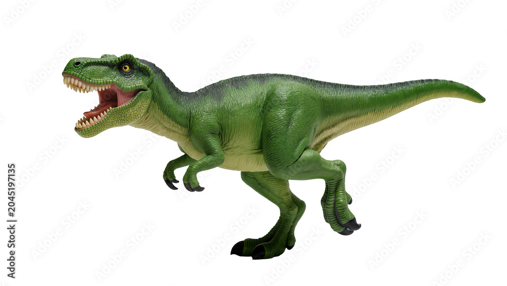 Obraz premium Isolated vibrant green prehistoric dinosaur toy, fierce T-Rex roaring with sharp teeth
