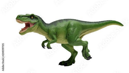 Foto Isolated vibrant green prehistoric dinosaur toy, fierce T-Rex roaring with sharp