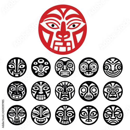 Traditional tribal masks in various styles and colors on white background  