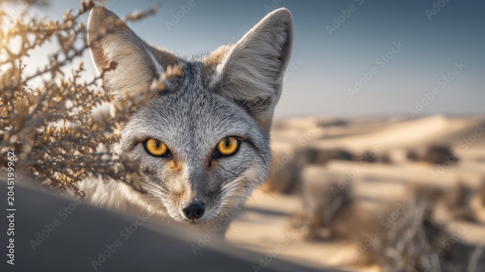 Naklejka premium Desert Fox Partially Hidden Behind Dry Shrubs in Arid Landscape