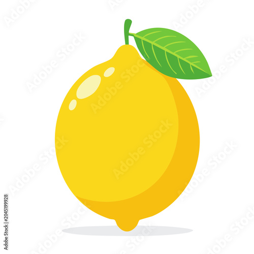 Flat design illustration of a fresh yellow lemon with a green leaf