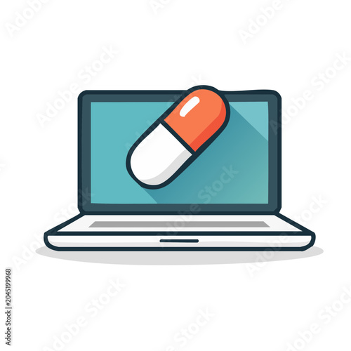 Laptop with a pill icon, representing digital health and online