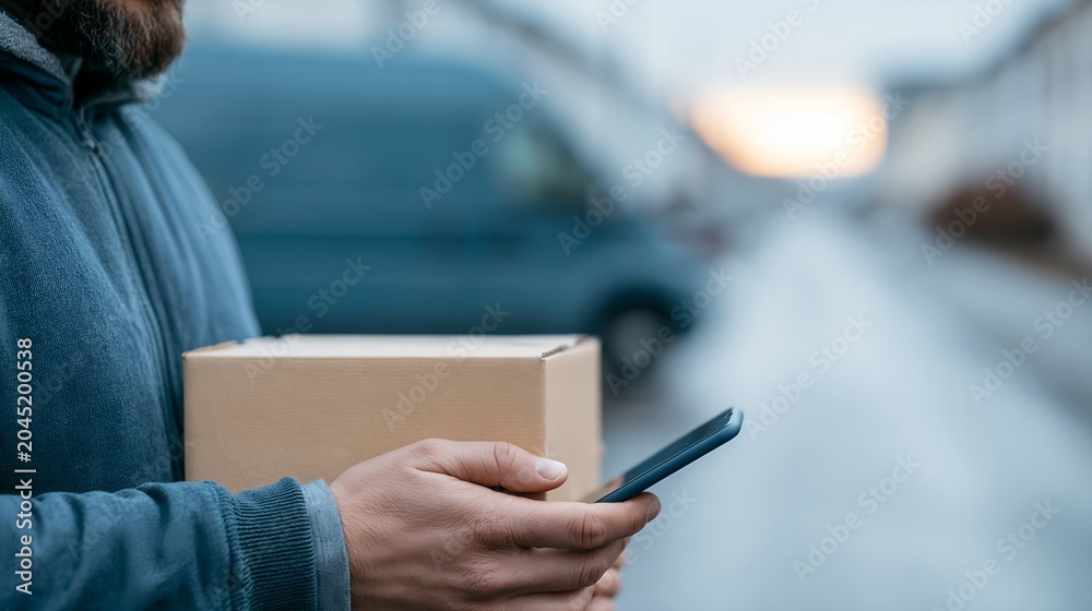 Fototapeta premium Delivery worker in winter weather using phone