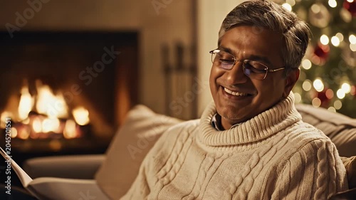 Man Reading by Fireplace.
