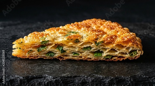 Taiwan crispy pan-fried scallion pancake layers close hero straight on eye-level profile hero shot