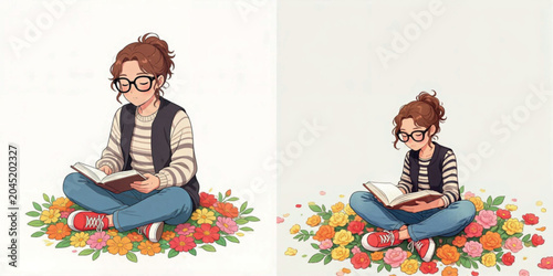 Young woman reading a book while sitting on floral background  