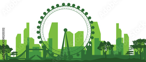 Green London Skyline Silhouette Vector with Landmarks and Trees