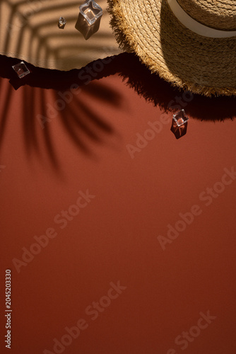 Summer vertical flatlay with straw sunhat, palm shadow and ice cubes on terracotta background