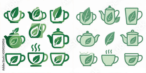 Green tea icons featuring leaves, cups, teapots, and steaming cups  