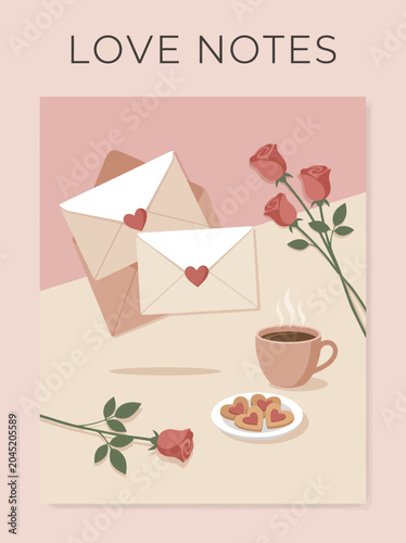 Bild auf Leinwand A romantic scene with love letters, roses, and coffee on a table indoors