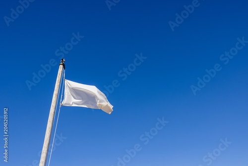 Fotografie Blank white flag flying on a wooden pole against a clear blue sky with extensive copy space suitable for branding advertising design concepts and communication themes