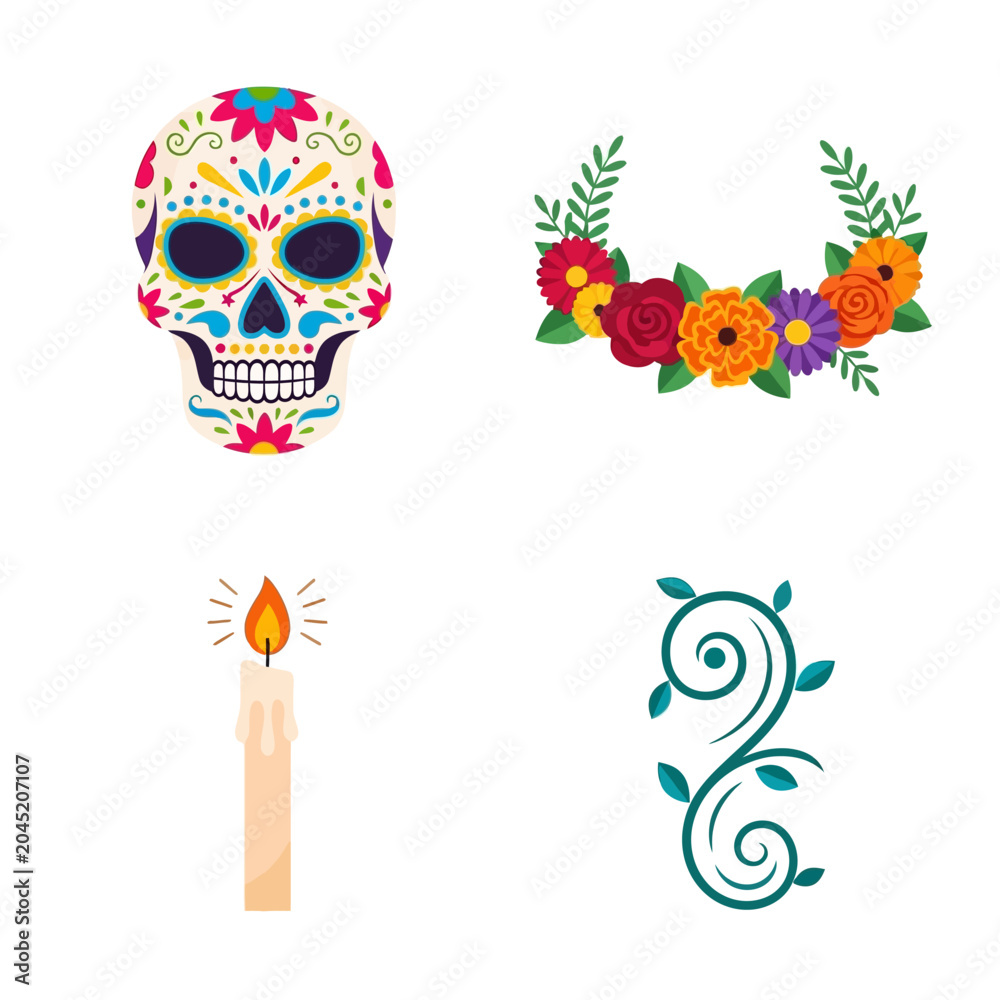 Fototapeta premium Day of the Dead elements set with sugar skull, floral wreath, candle, and decorative vine.
