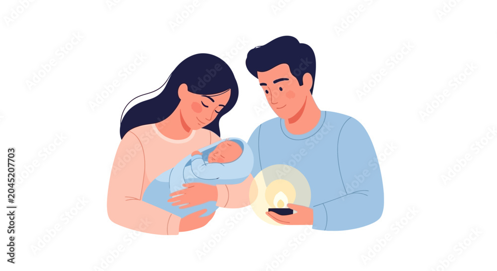 Fototapeta premium Loving Parents Holding Newborn Baby with Candle Light Symbolizing Hope and New Life