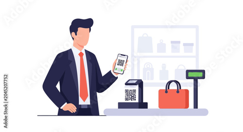 Man paying with smartphone QR code at checkout counter, modern retail payment concept