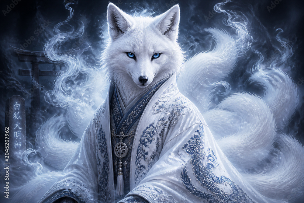 Fototapeta premium White fox spirit wearing ornate robe in mystical temple