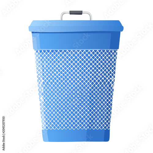 Blue mesh trash can with handle on white background