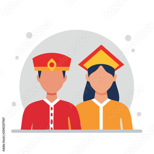 Couple in traditional Vietnamese Ao Dai and hat