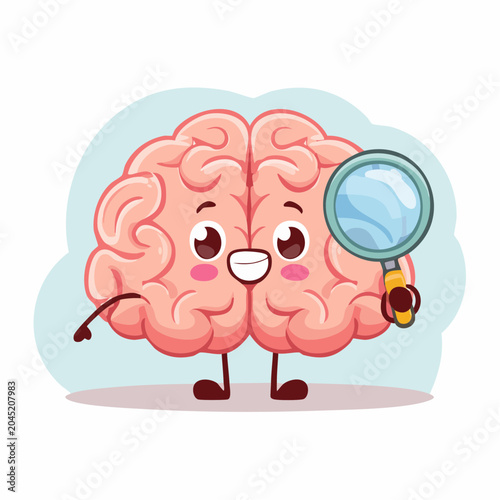 Cute Cartoon Brain Character Holding Magnifying Glass