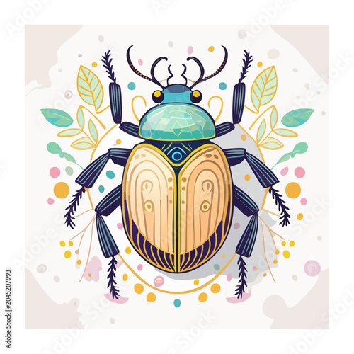Decorative Scarab Beetle Illustration with Floral Elements