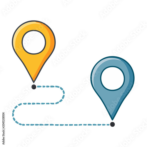 Map pins with dotted route on white background