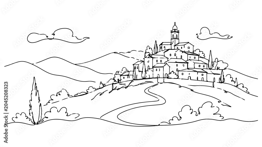 Fototapeta premium Charming line art landscape featuring a hillside village, winding road, mountains, and countryside scenery in a peaceful setting.
