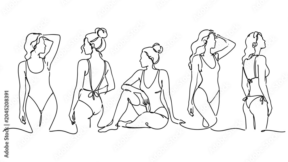 Fototapeta premium Elegant continuous line drawing featuring women in stylish swimsuits, expressing summer fashion, confidence, beauty, vacation lifestyle, and beach relaxation.