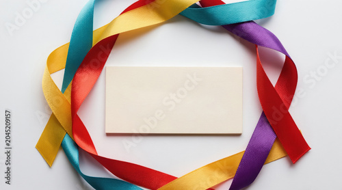Colorful ribbons encircle blank card. Symbolizes communication progress and teamwork. Ideal for messages about growth  learning and connection. Concepts collaboration  ideas  support.