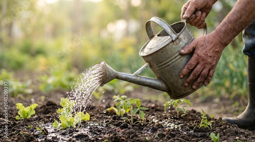 Hands watering young vegetable seedlings with a metal watering can in a garden bed