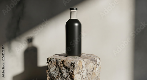 Glass bottle stands tall on a rustic stone pedestal under soft directional sunlight inside a room.