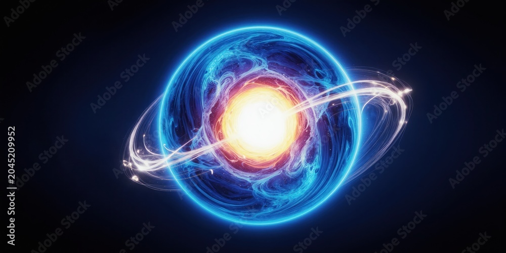 Obraz premium Glowing blue planet with fiery core orbits in dark space. Swirling nebulae and bright energy streams create a cosmic, vibrant scene. Abstract and futuristic.