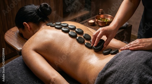 Woman receiving hot stone back massage in spa treatment room