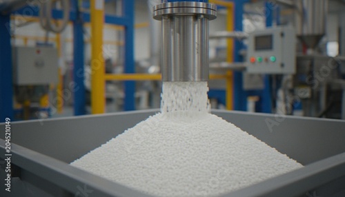 Tableau sur toile White plastic polymer pellets pouring from an industrial machine into a large storage container in a manufacturing facility