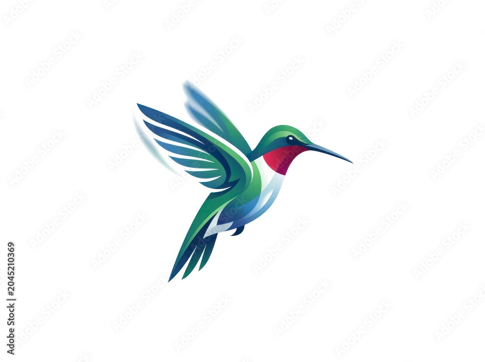 Fototapeta premium Isolated vector hummingbird in flight with green feathers and red throat patch dynamic motion wildlife nature bird mascot