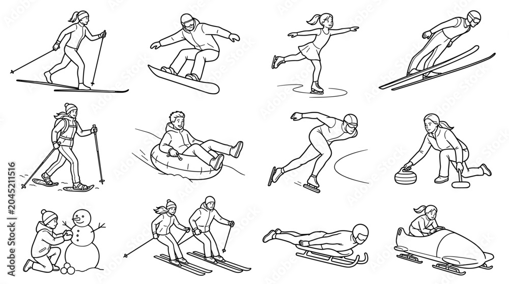 Fototapeta premium Collage of diverse winter sports and activities in a line art illustration style