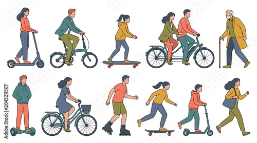 Diverse Group of People and Personal Transport Vehicles in Flat Lay Style Illustration Background