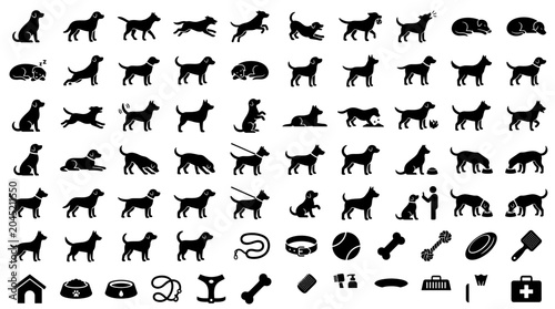 Complete collection of dog silhouettes in various poses and essential accessories