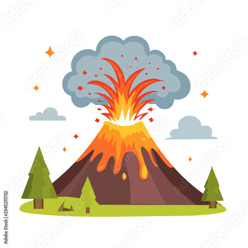 Flat design volcano eruption with lava, smoke, and trees