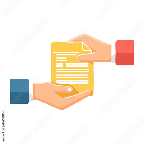 Hands exchanging a yellow document in flat design style