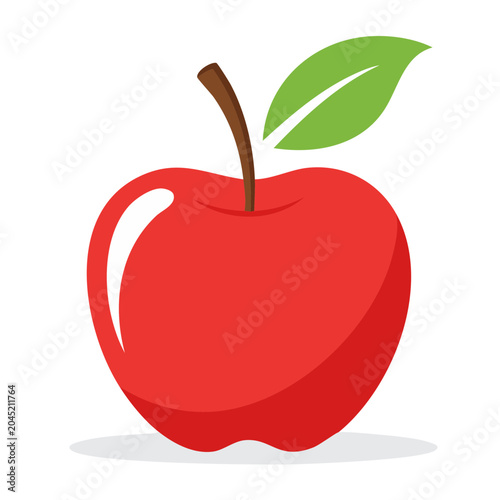 Red apple with green leaf and stem, flat design illustration