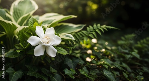 White gardenia flower blooming in a lush green garden setting with gardenia jasminoides gardenia botanical fragrant greenery