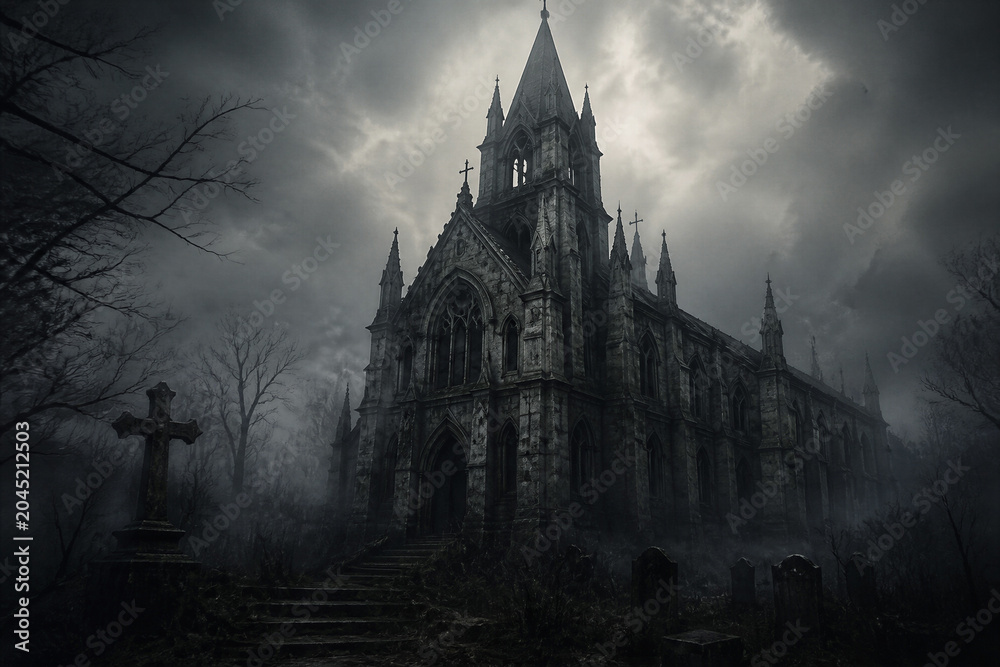Obraz premium Gothic church looming over graveyard in foggy landscape