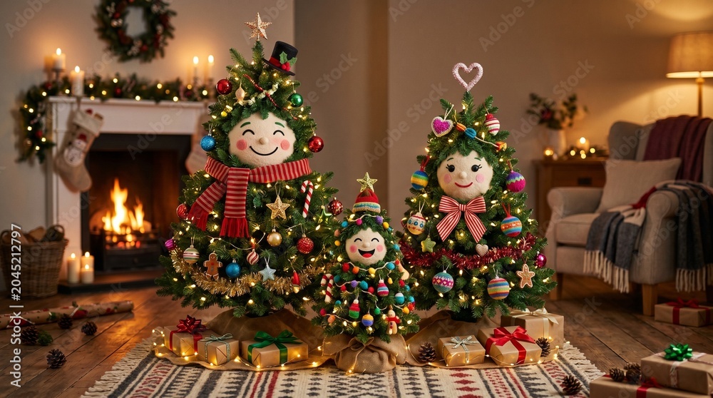 Fototapeta premium cute family of Christmas trees in different sizes, smiling faces, colorful ornaments, warm festive atmosphere